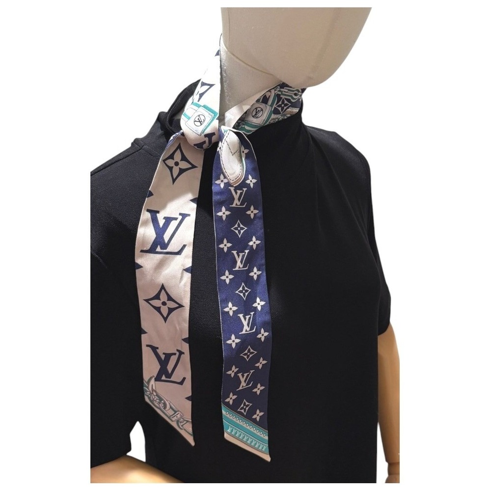 Louis Vuitton Silk Bandeau Scarf Navy Beige Monogram Chain 42"